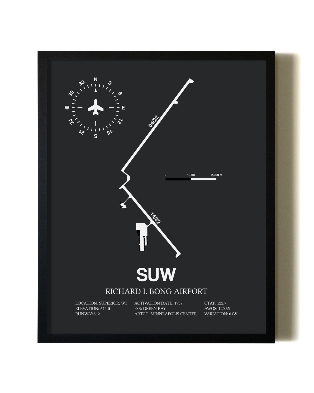 Unframed Richard I Bong Airport map print poster
