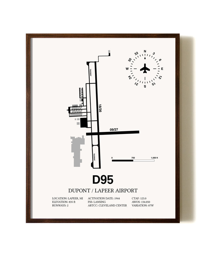 Dupont / Lapeer Airport aviation print in walnut frame