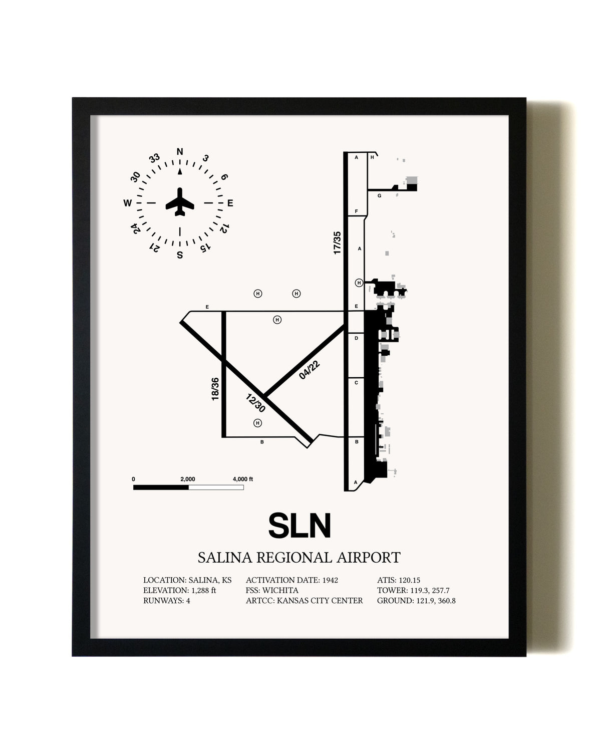 Framed Salina Regional Airport wall art poster in black frame