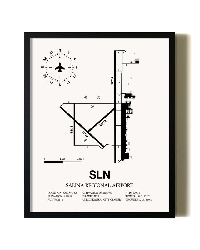 Framed Salina Regional Airport wall art poster in black frame