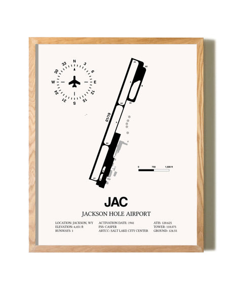 Jackson Hole Airport framed print in natural wood frame