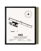Framed Butler County Regional Airport / Hogan Field wall art poster in black frame