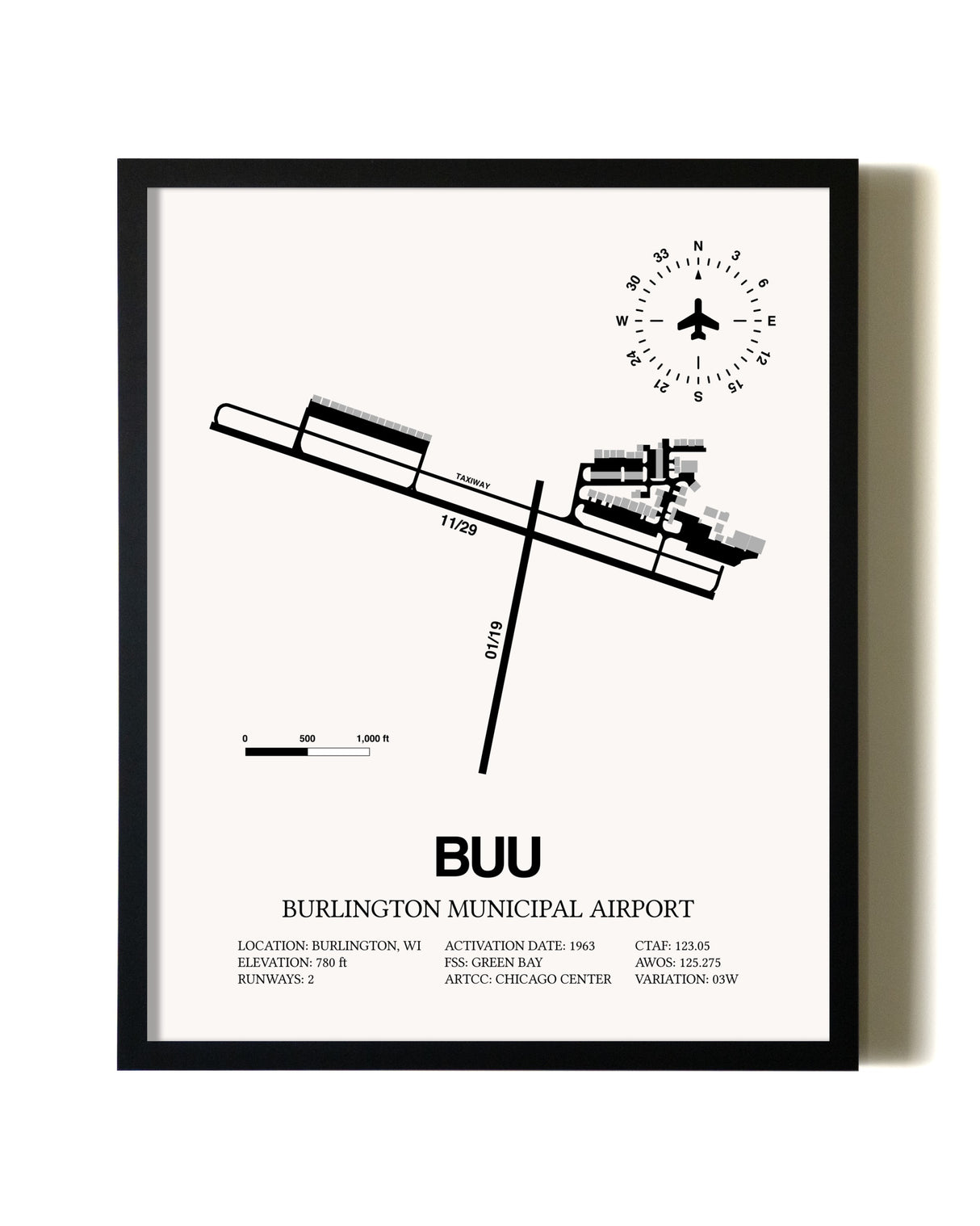 Framed Burlington Municipal Airport wall art poster in black frame