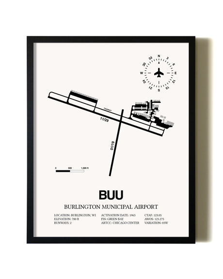 Framed Burlington Municipal Airport wall art poster in black frame