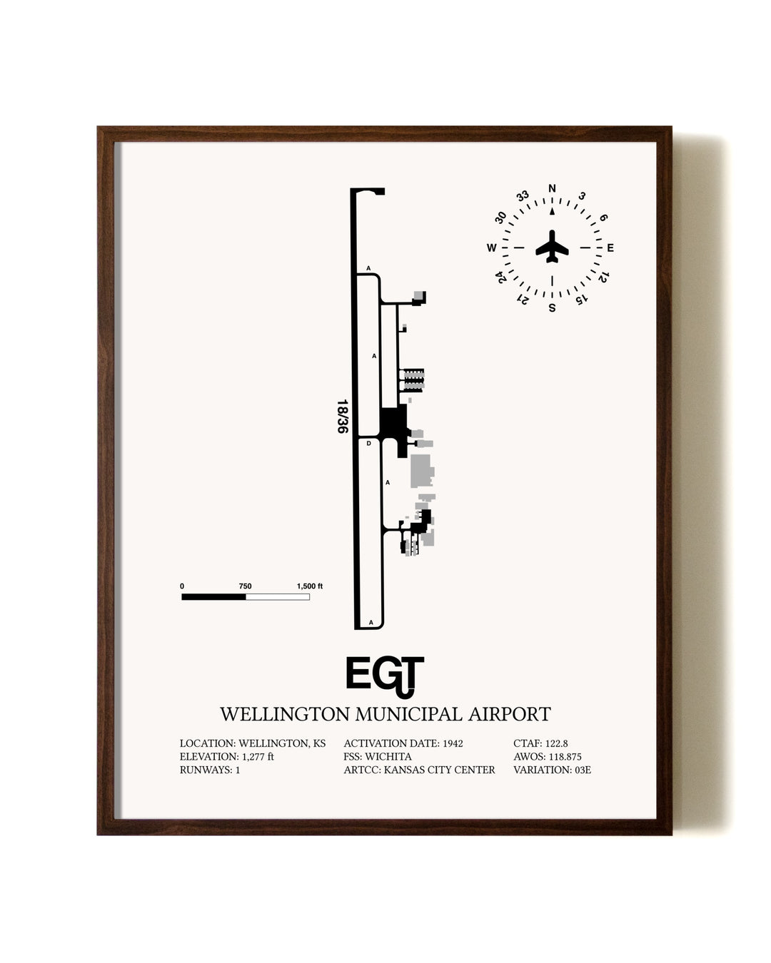 Wellington Municipal Airport aviation print in walnut frame