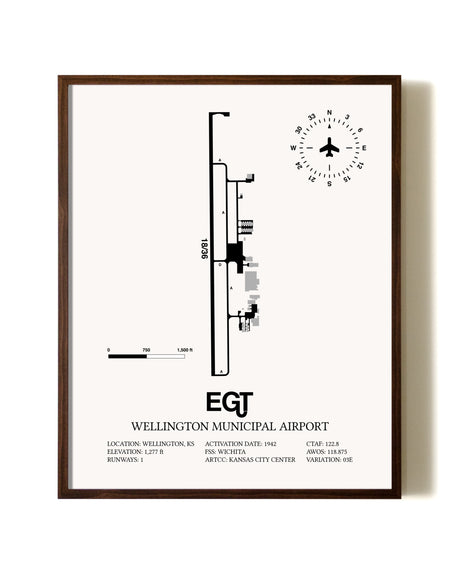 Wellington Municipal Airport aviation print in walnut frame