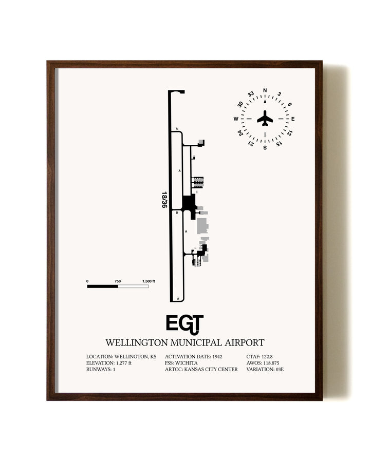 Wellington Municipal Airport aviation print in walnut frame