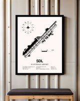 Scottsdale Airport framed poster displayed in an airplane hangar