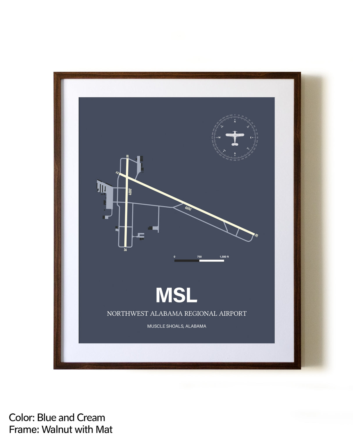 Northwest Alabama Regional Airport aviation print in walnut frame with mat