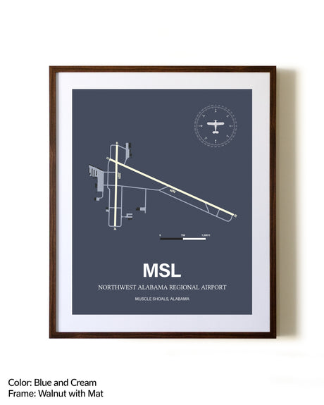 Northwest Alabama Regional Airport aviation print in walnut frame with mat