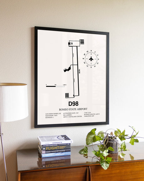 Romeo State Airport aviation wall décor in black wood frame