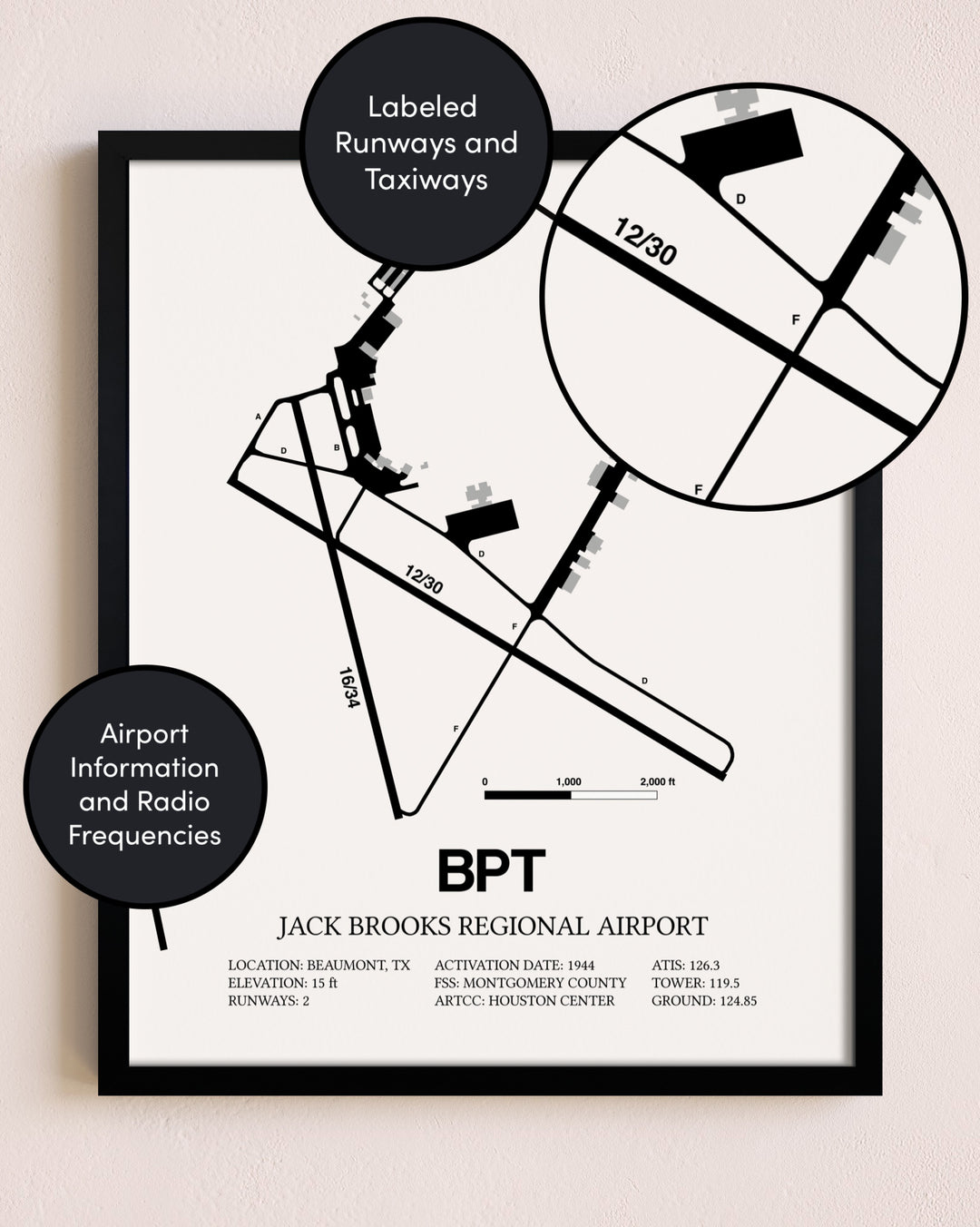 Framed Jack Brooks Regional Airport layout wall art poster