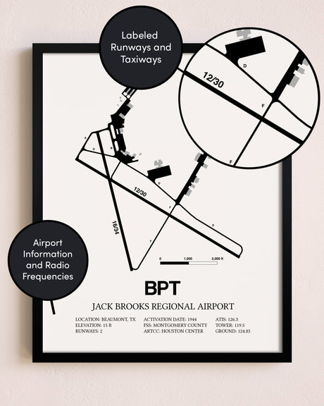 Framed Jack Brooks Regional Airport layout wall art poster