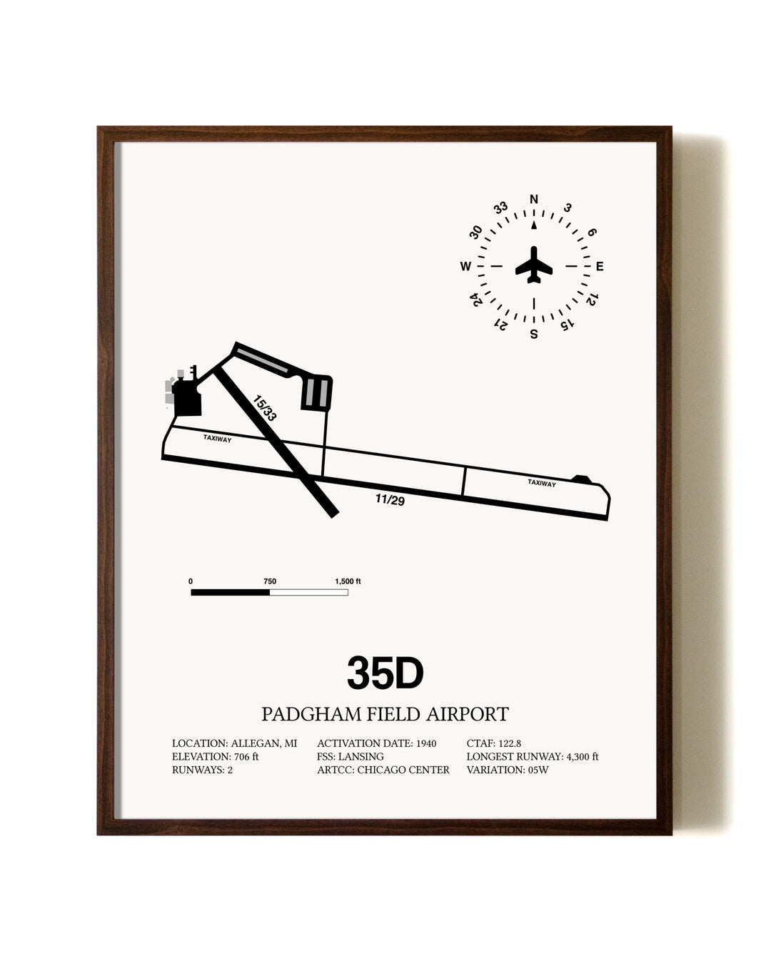 Padgham Field Airport aviation print in walnut frame