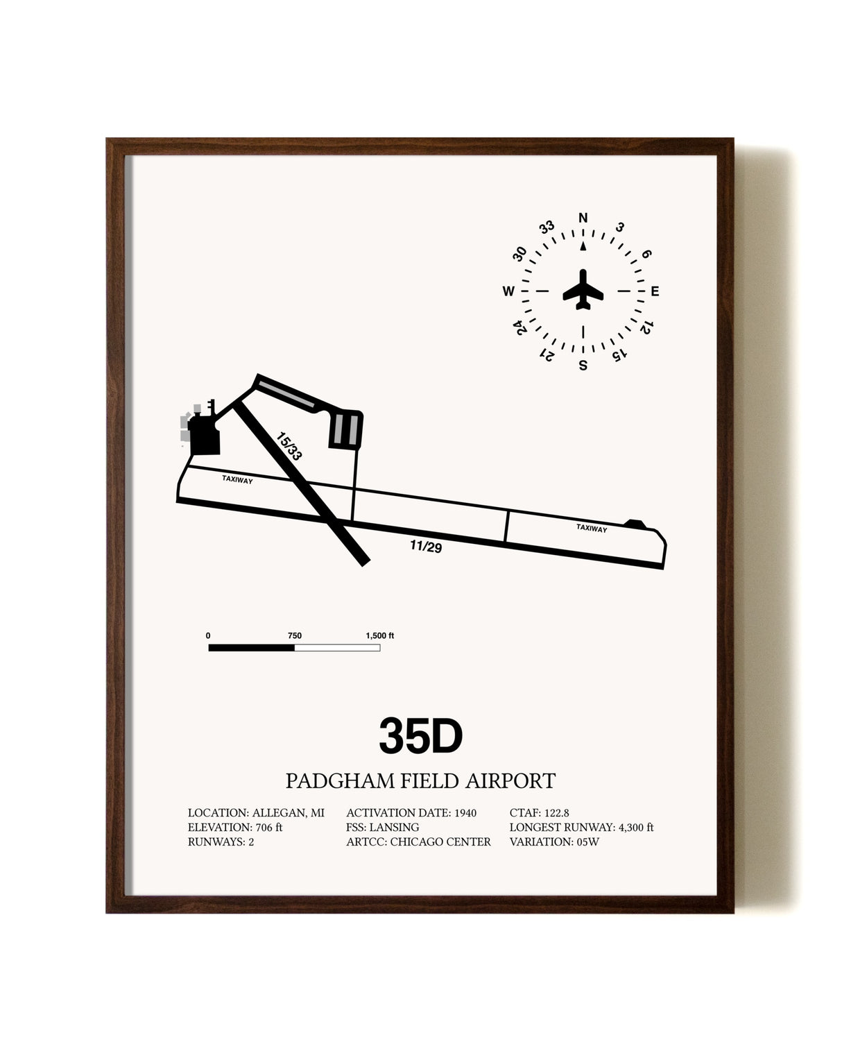 Padgham Field Airport aviation print in walnut frame