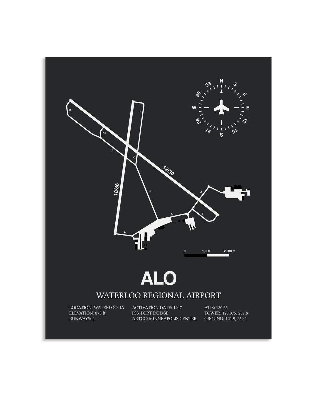 Gray Framed Waterloo Regional Airport layout wall art poster