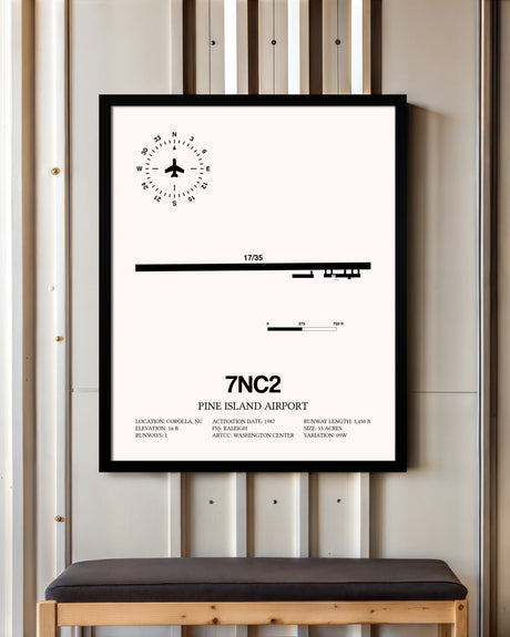 Pine Island Airport framed poster displayed in an airplane hangar