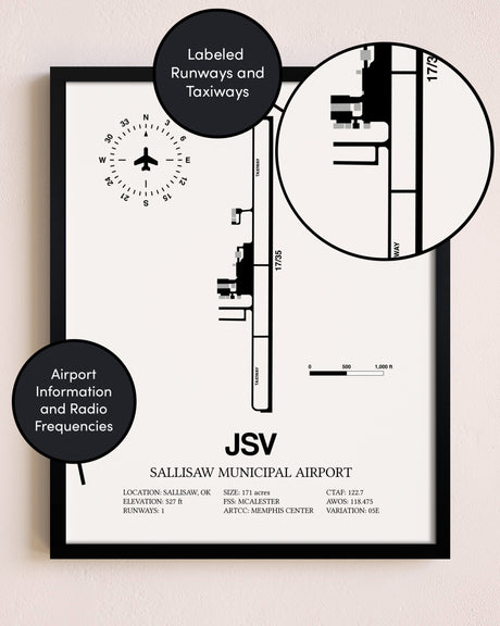 Framed Sallisaw Municipal Airport layout wall art poster