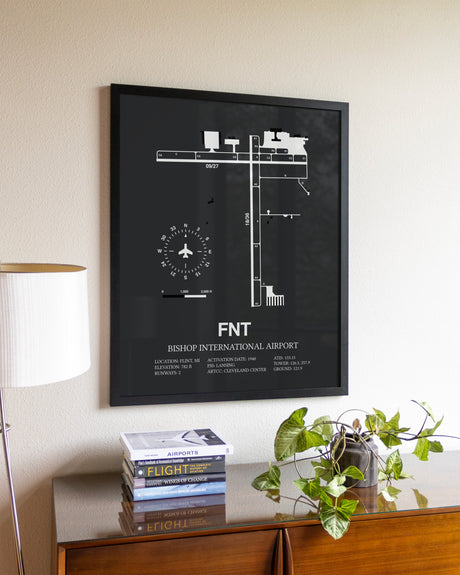 Gray Framed Bishop International Airport wall art poster in black frame