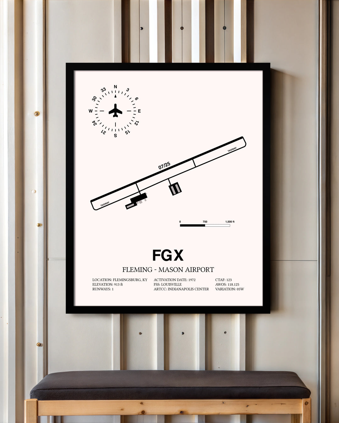Fleming-Mason Airport framed poster displayed in an airplane hangar