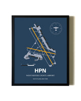 Blue and Yellow Framed Westchester County Airport wall art poster in black frame