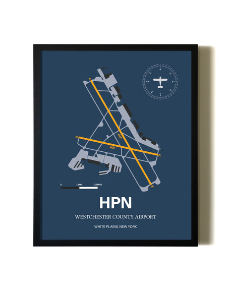 Blue and Yellow Framed Westchester County Airport wall art poster in black frame