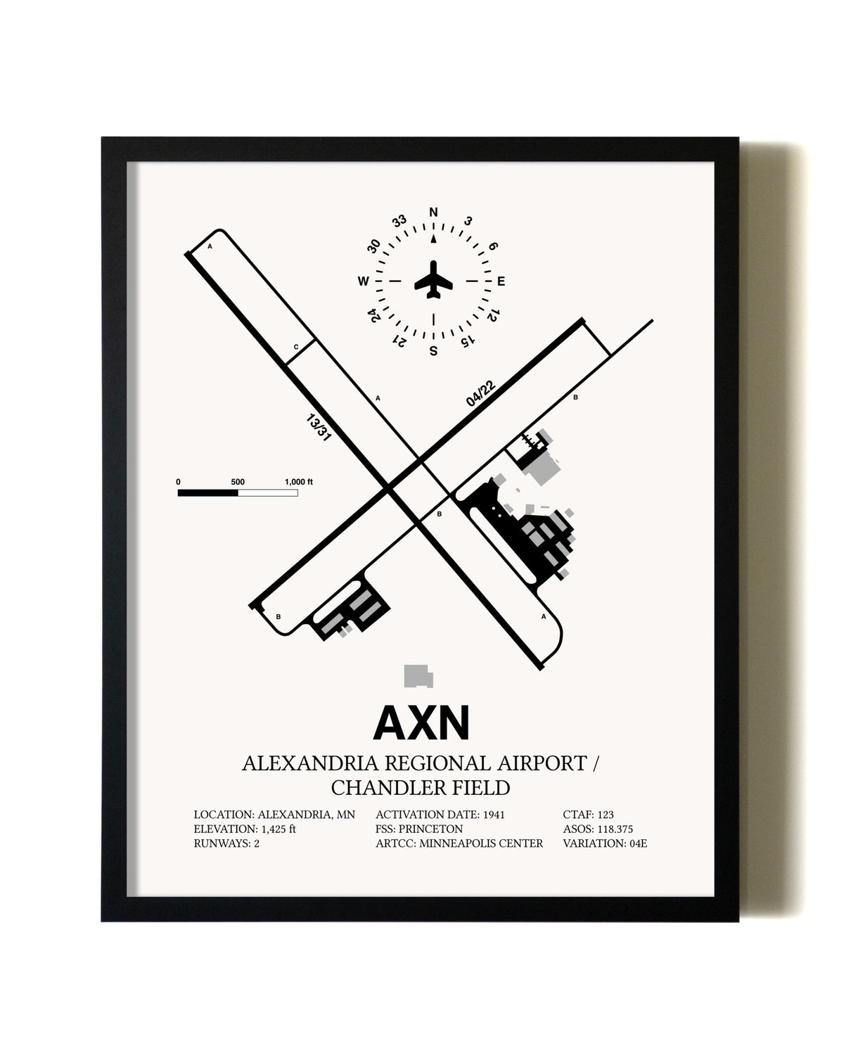 Framed Alexandria Regional Airport / Chandler Field wall art poster in black frame