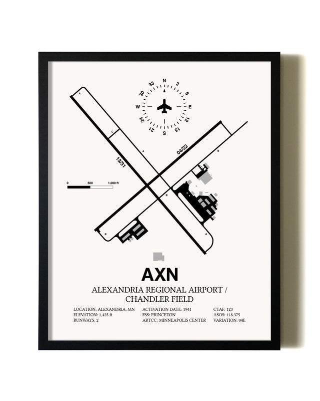 Framed Alexandria Regional Airport / Chandler Field wall art poster in black frame