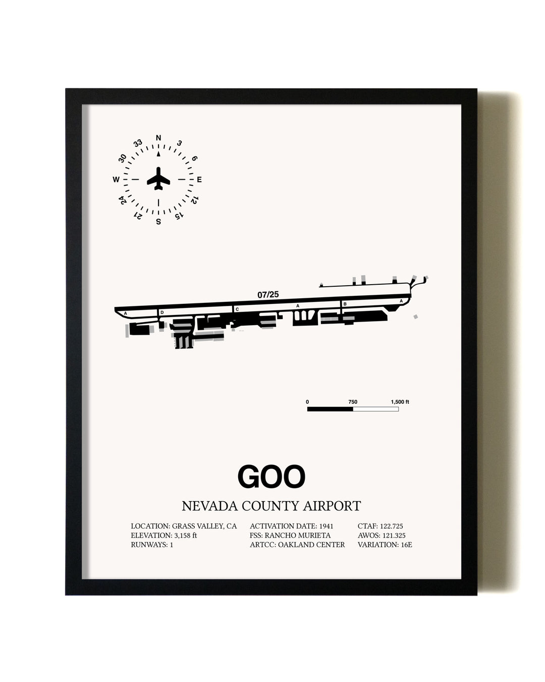 Framed Nevada County Airport wall art poster in black frame