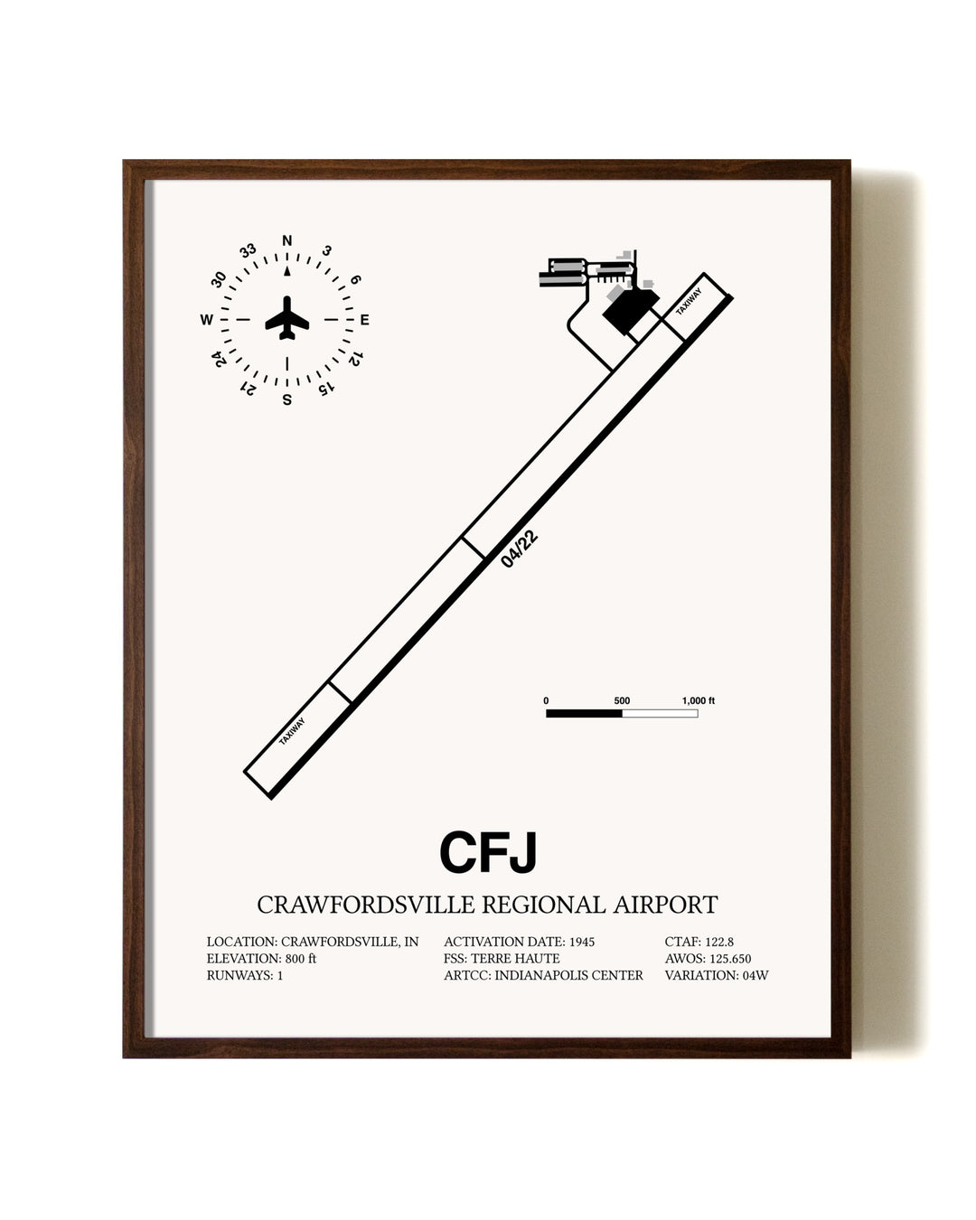 Crawfordsville Regional Airport aviation print in walnut frame