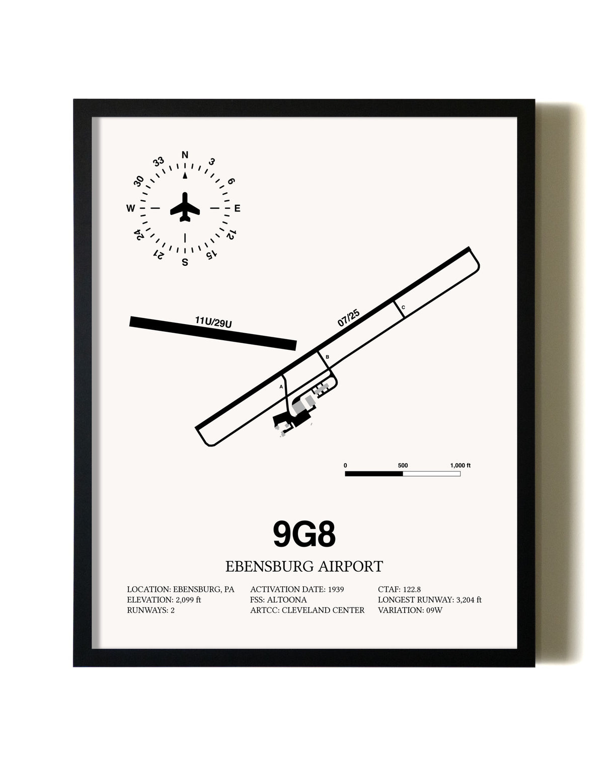 Framed Ebensburg Airport wall art poster in black frame