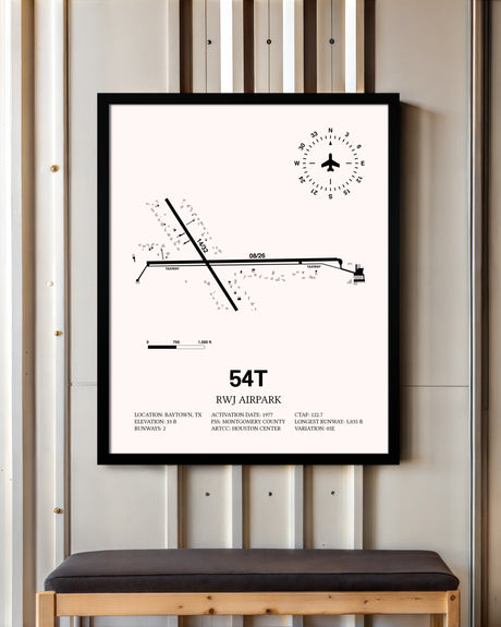 RWJ Airpark framed poster displayed in an airplane hangar