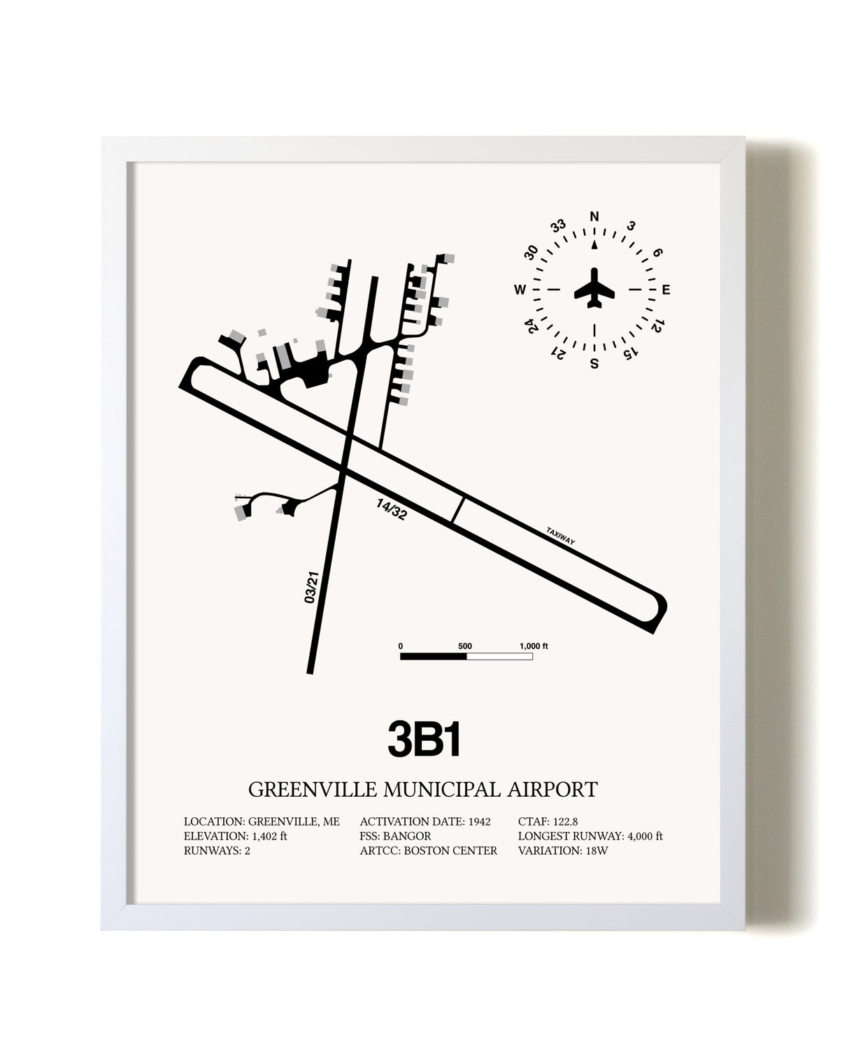 Greenville Municipal Airport airport map poster in oak frame