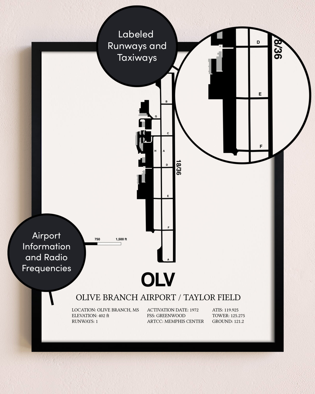 Framed Olive Branch Airport / Taylor Field layout wall art poster