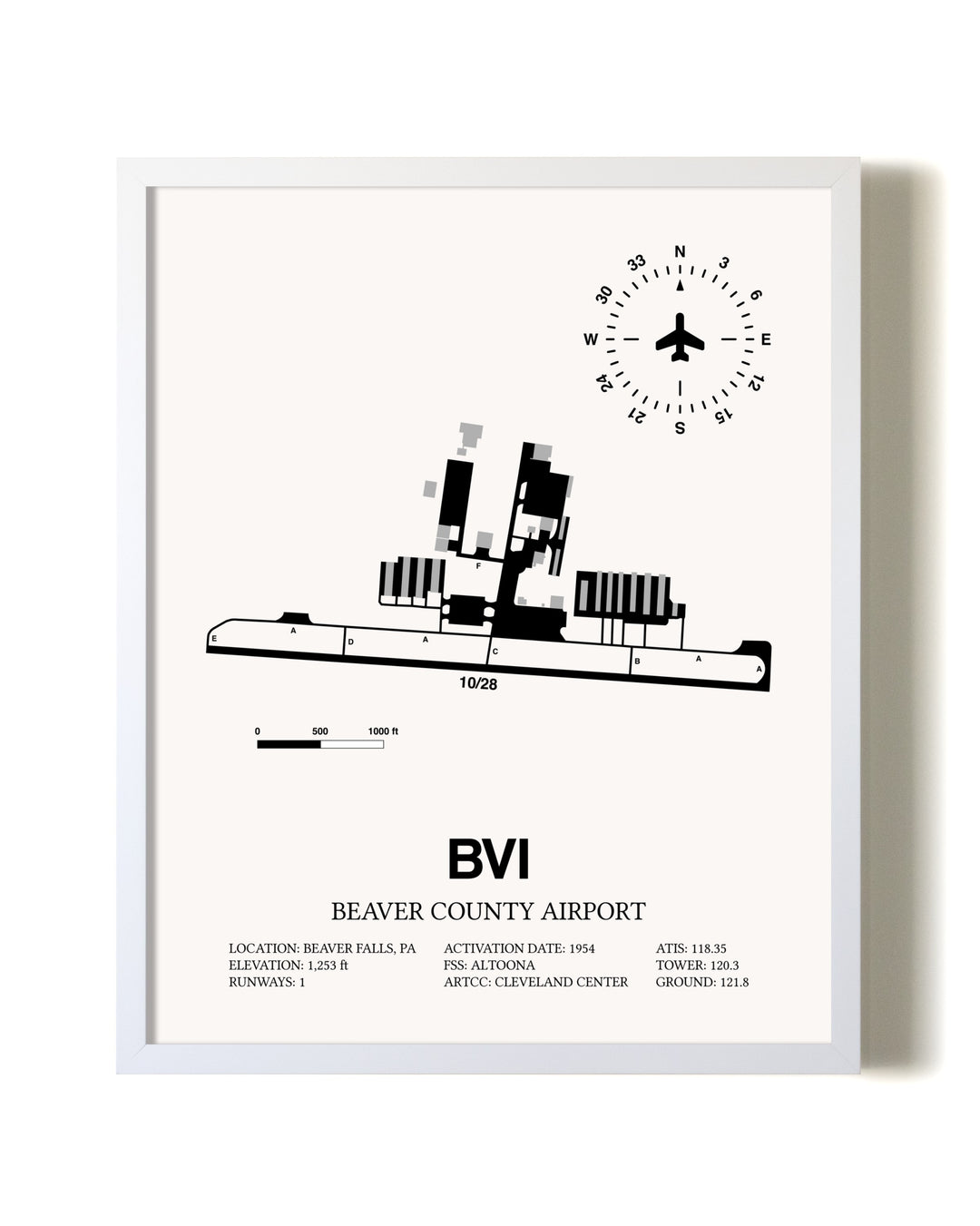 Beaver County Airport airport map poster in oak frame
