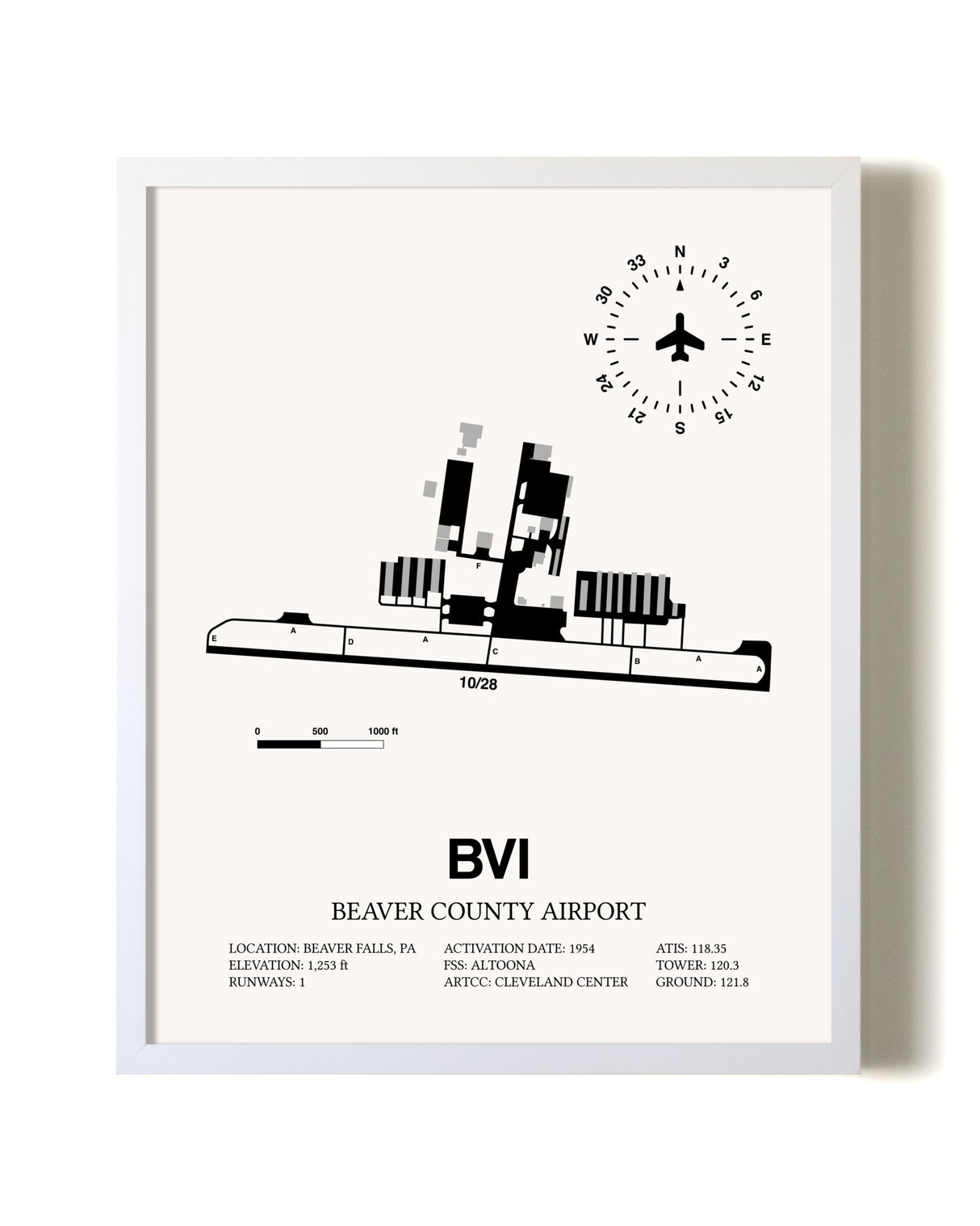 Beaver County Airport airport map poster in oak frame