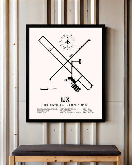 Jacksonville Municipal Airport framed poster displayed in an airplane hangar
