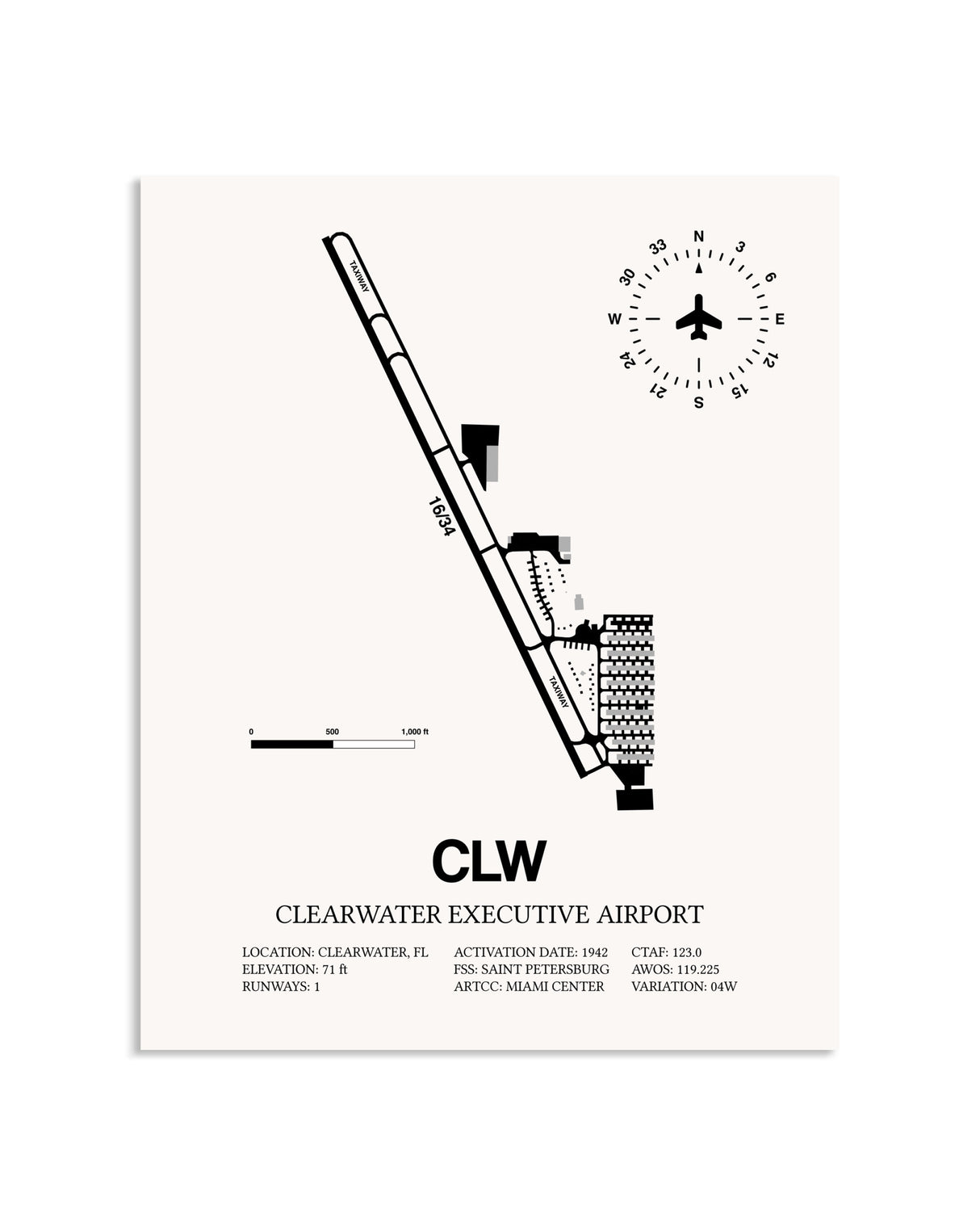 Gray Clearwater Executive Airport framed poster displayed in an airplane hangar