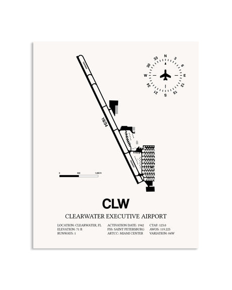 Gray Clearwater Executive Airport framed poster displayed in an airplane hangar
