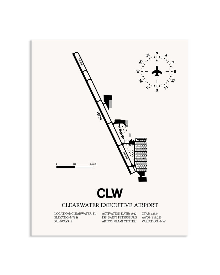 Gray Clearwater Executive Airport framed poster displayed in an airplane hangar