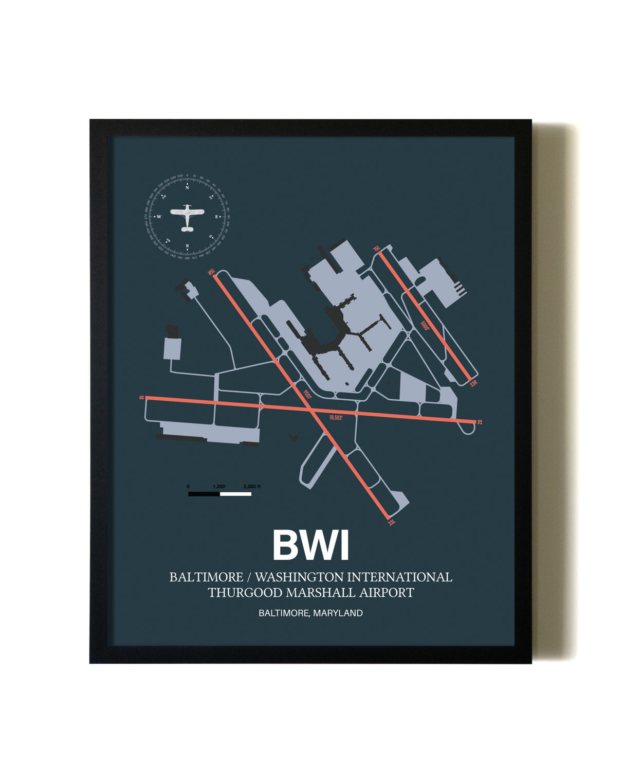 Slate Framed Baltimore/Washington International Thurgood Marshall Airport wall art poster in black frame