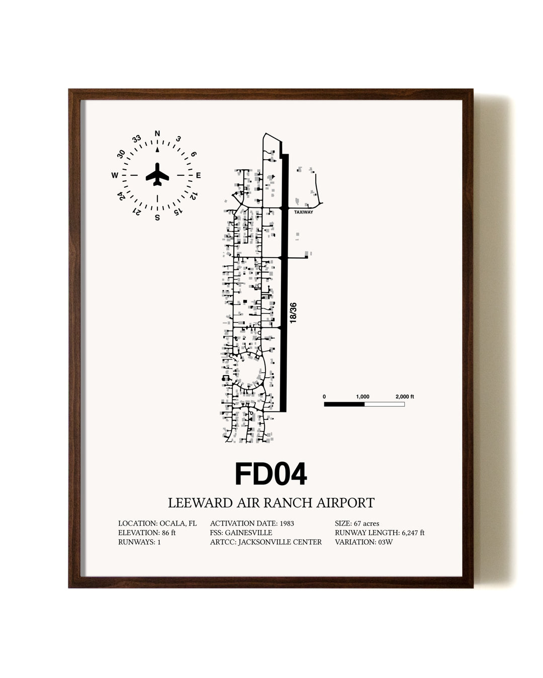 Leeward Air Ranch Airport aviation print in walnut frame