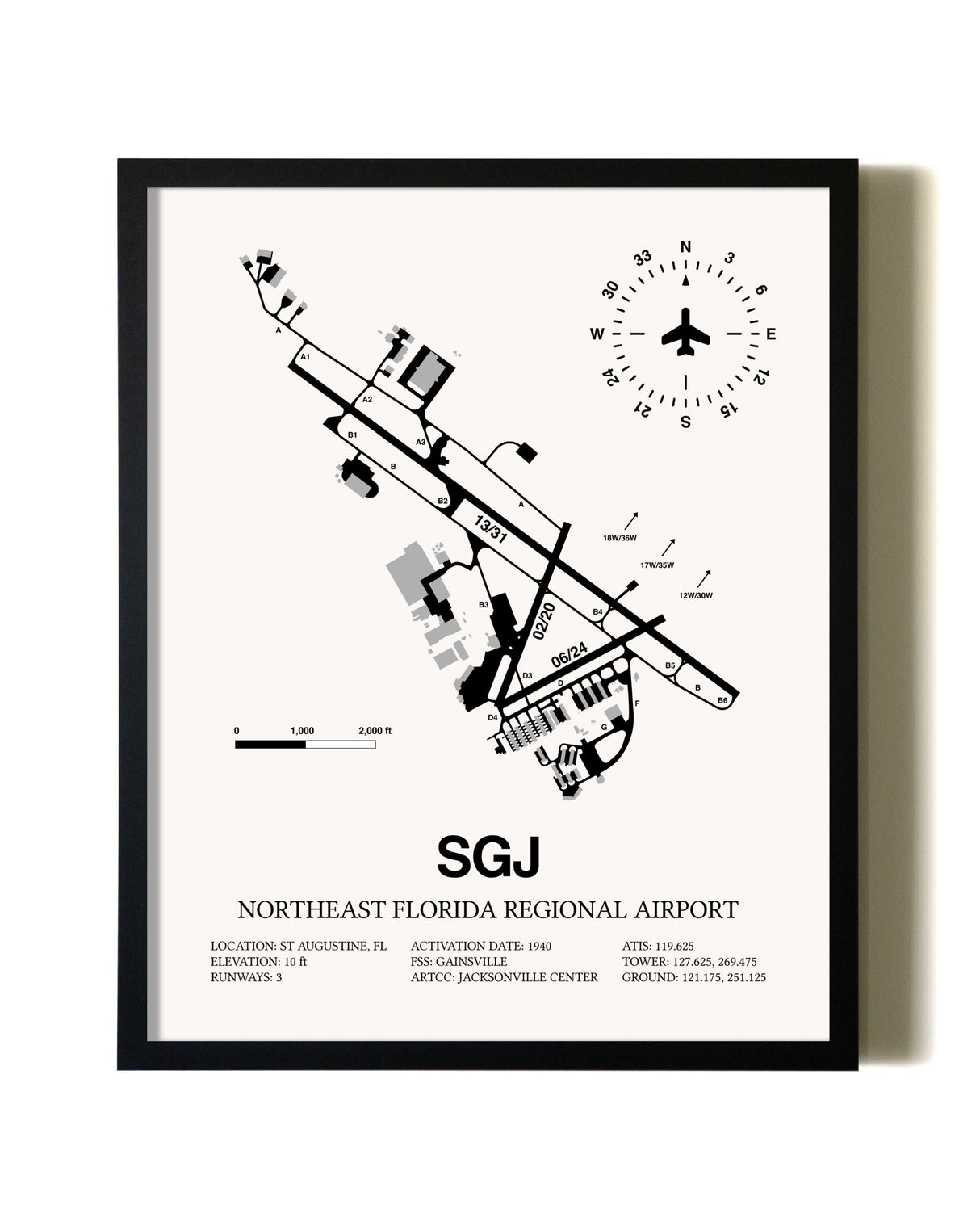 Framed Northeast Florida Regional Airport wall art poster in black frame