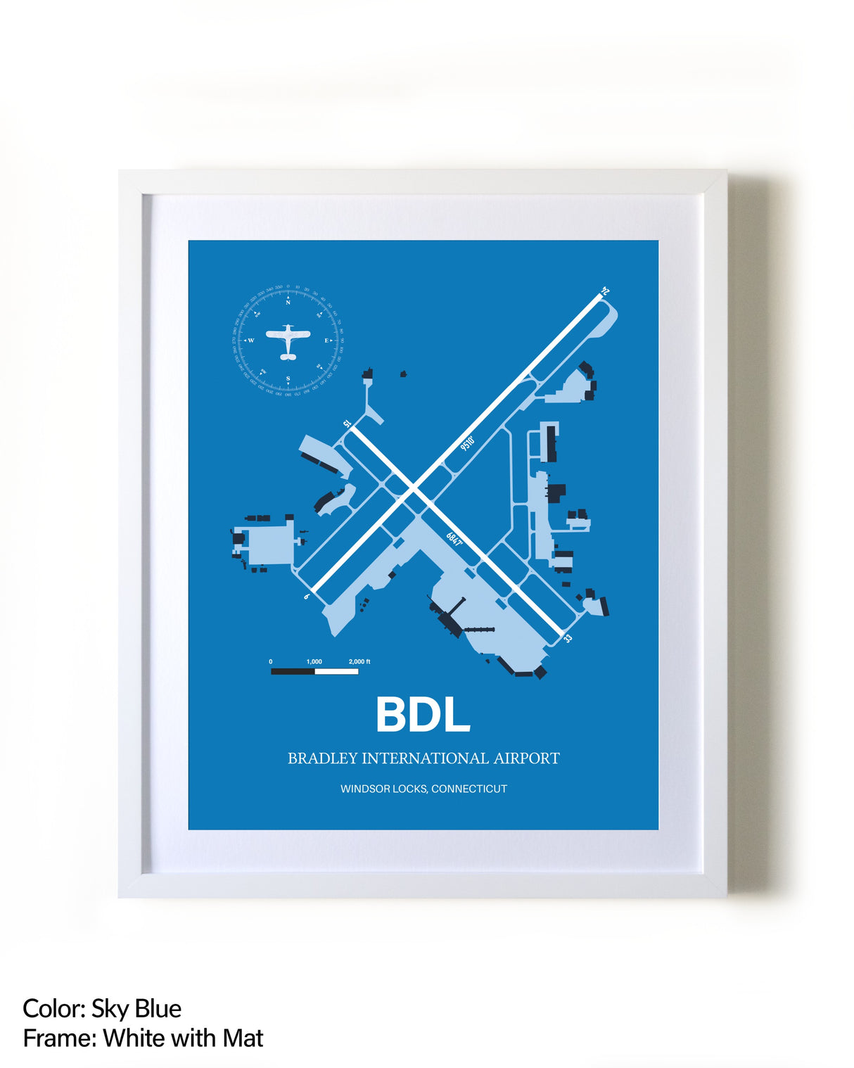 Bradley International Airport framed wall art in white frame with mat