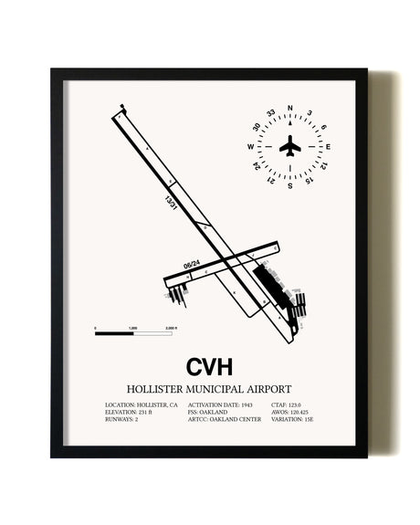 Framed Hollister Municipal Airport wall art poster in black frame