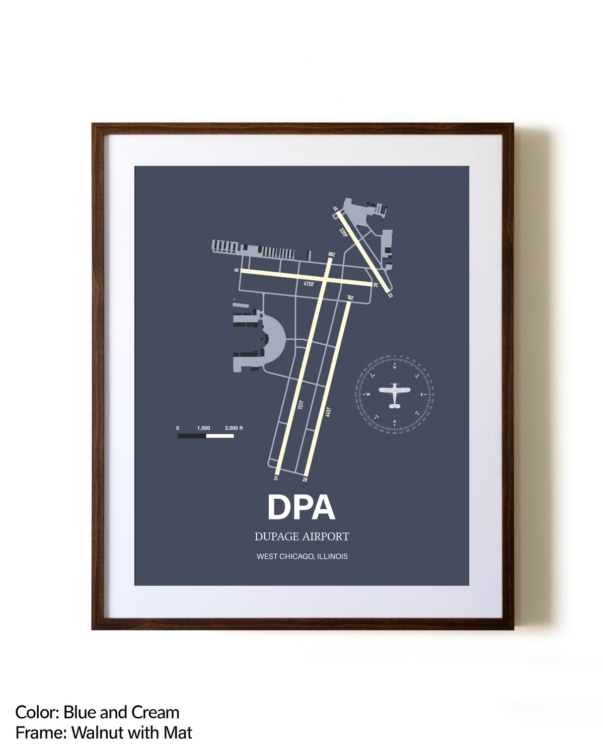 DuPage Airport aviation print in walnut frame with mat