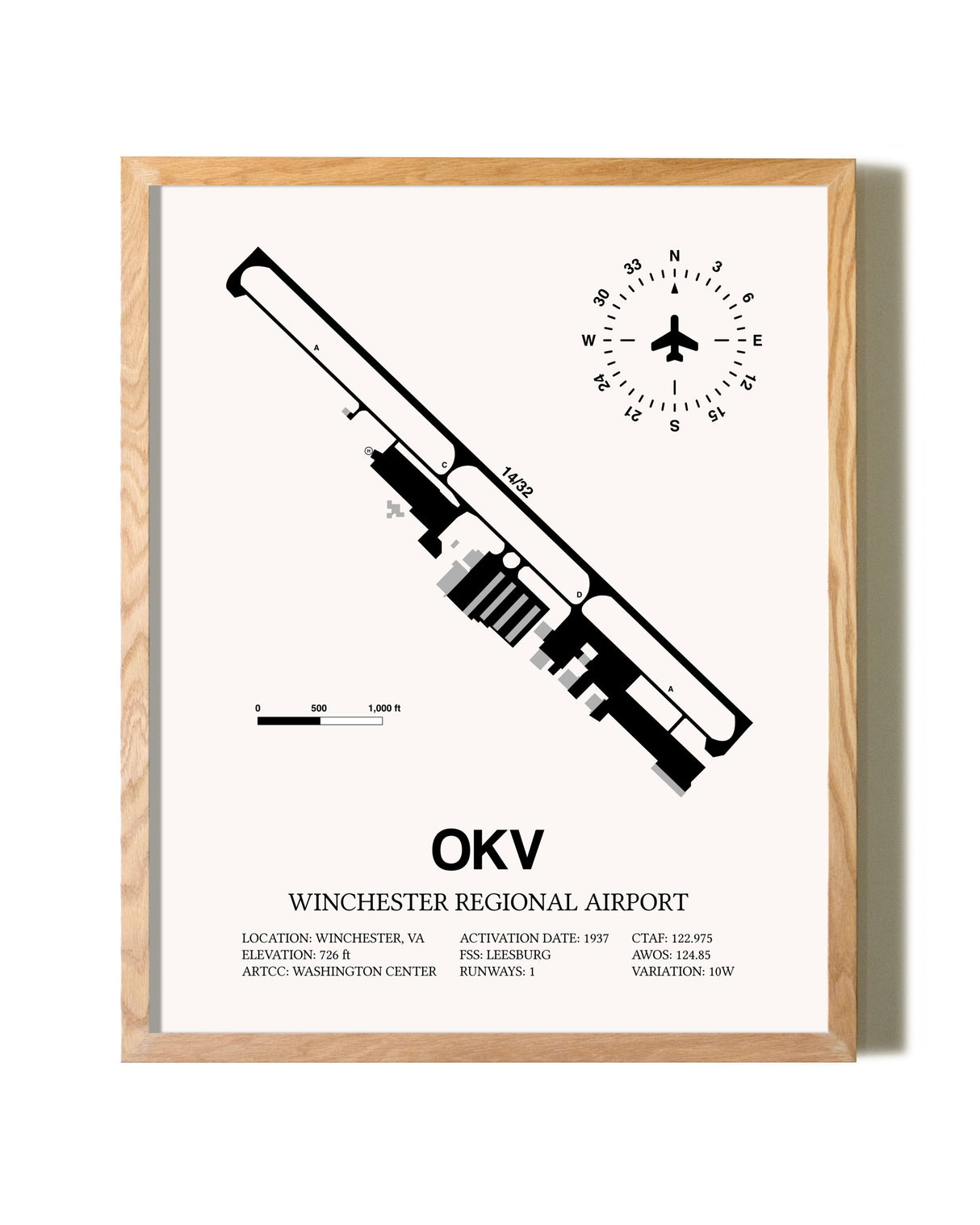 Winchester Regional Airport framed print in natural wood frame