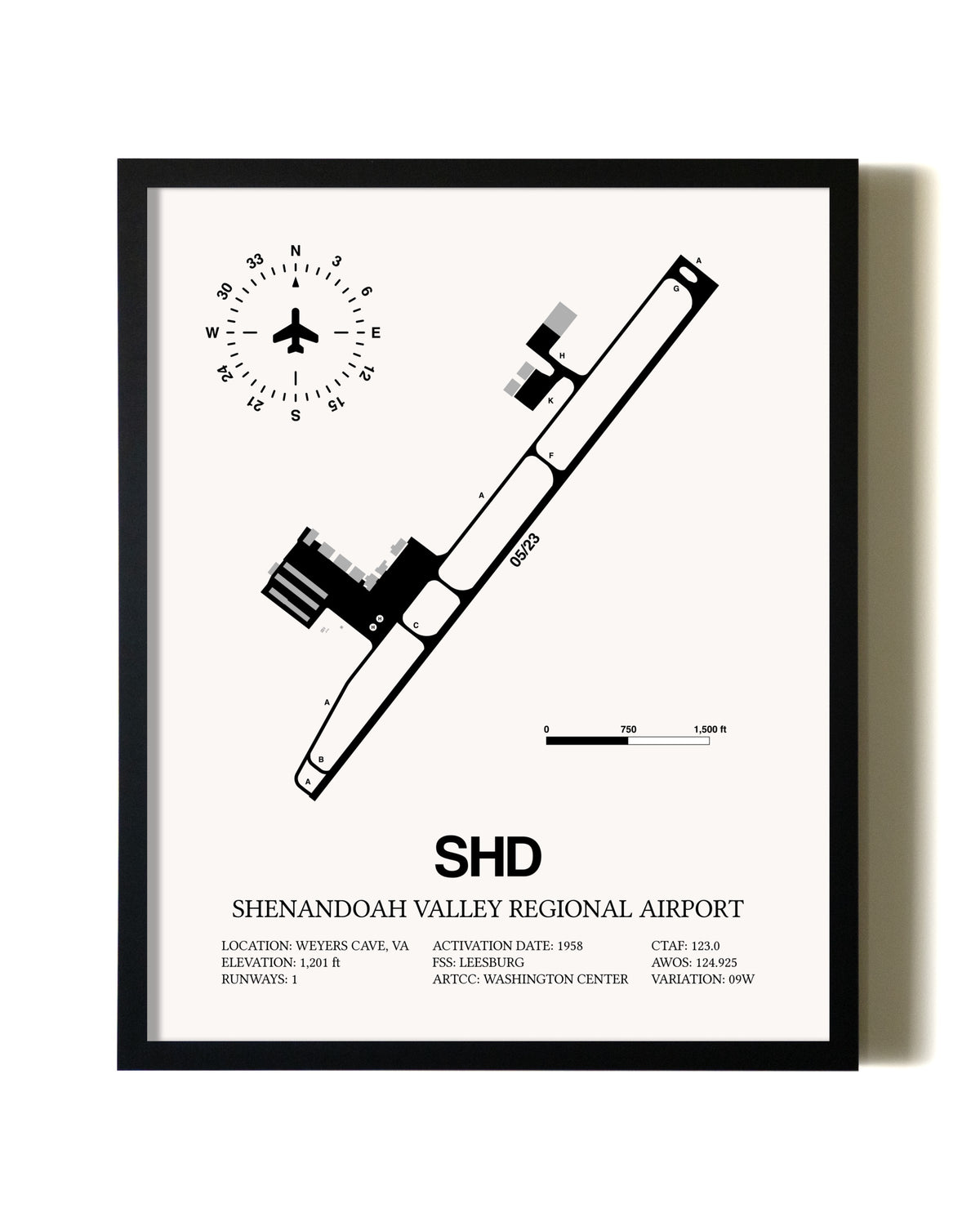 Framed Shenandoah Valley Regional Airport wall art poster in black frame