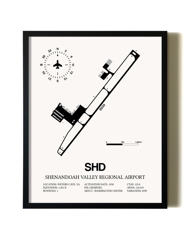 Framed Shenandoah Valley Regional Airport wall art poster in black frame