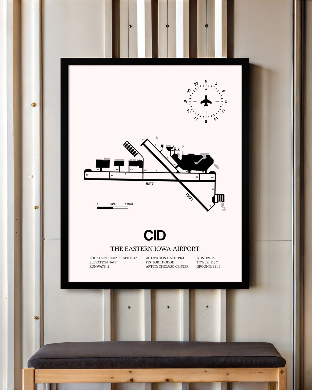 The Eastern Iowa Airport framed poster displayed in an airplane hangar